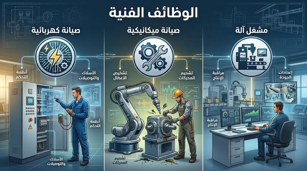 إنفوجرافيك يوضح التخصصات الفنية والتشغيلية المطلوبة في الشركة وتشمل الصيانة الكهربائية، الصيانة الميكانيكية، وتشغيل الآلات.