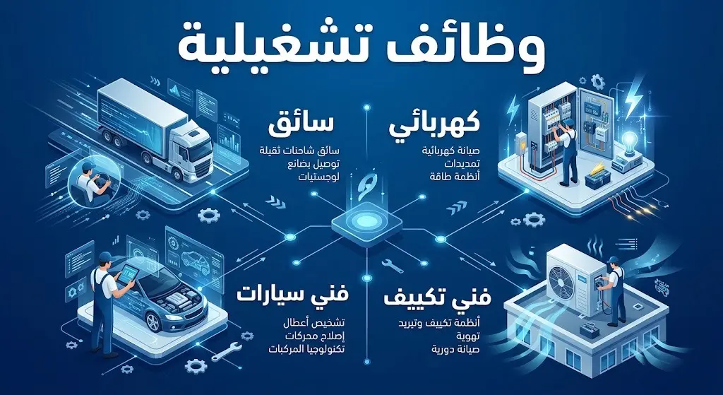 إنفوجرافيك يستعرض التخصصات الفنية والتشغيلية المطلوبة التي تشمل فنيي التبريد والكهرباء وفحص السيارات وسائقي النقل الثقيل.
