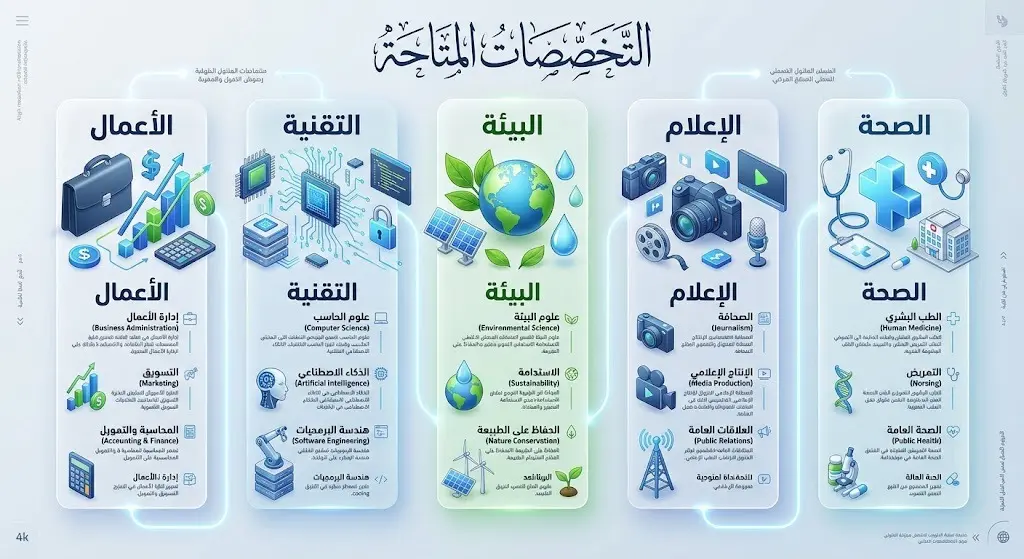إنفوجرافيك احترافي يستعرض التخصصات الخمسة المتاحة في برامج الدبلوم: الأعمال، التقنية، البيئة، الإعلام، والصحة، بتصميم عصري وأيقونات ثلاثية الأبعاد.