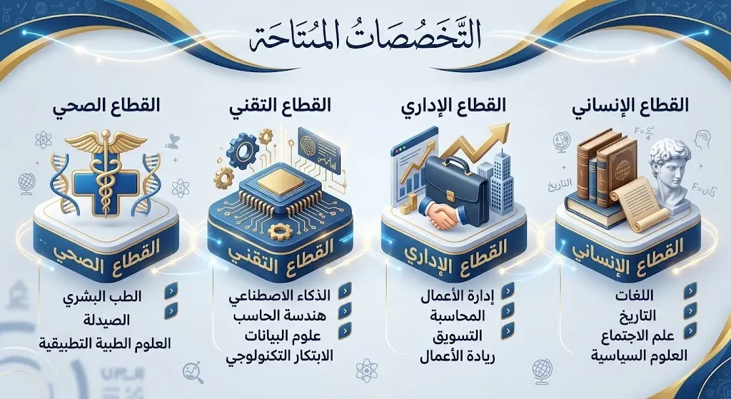 إنفوجرافيك يستعرض التخصصات الأكاديمية المطلوبة للتعاون في جامعة القصيم موزعة على القطاعات الصحية، التقنية، الإدارية والإنسانية.
