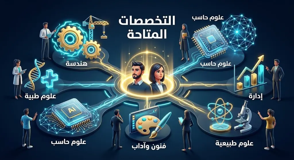 إنفوجرافيك عصري يستعرض التخصصات الهندسية والتقنية والإدارية المتاحة للطلاب والطالبات في كليات ومعاهد الهيئة الملكية بينبع.