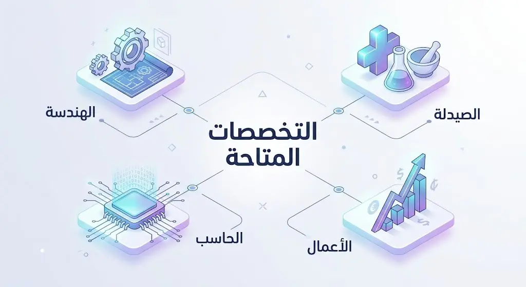 تصميم إنفوجرافيك يستعرض الكليات الأكاديمية والتخصصات المتنوعة المتاحة للطلاب في برامج التجسير لعام 1448هـ