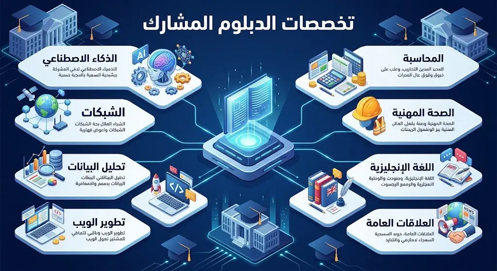 إنفوجرافيك يستعرض التخصصات الثمانية لبرامج الدبلوم المشارك عن بُعد في جامعة جدة.