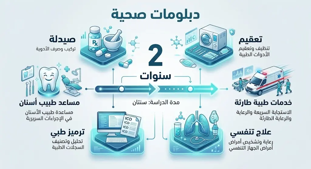 إنفوجرافيك يستعرض التخصصات الستة لبرامج الدبلوم الصحي ومدة الدراسة المحددة بسنتين بتصميم عصري.