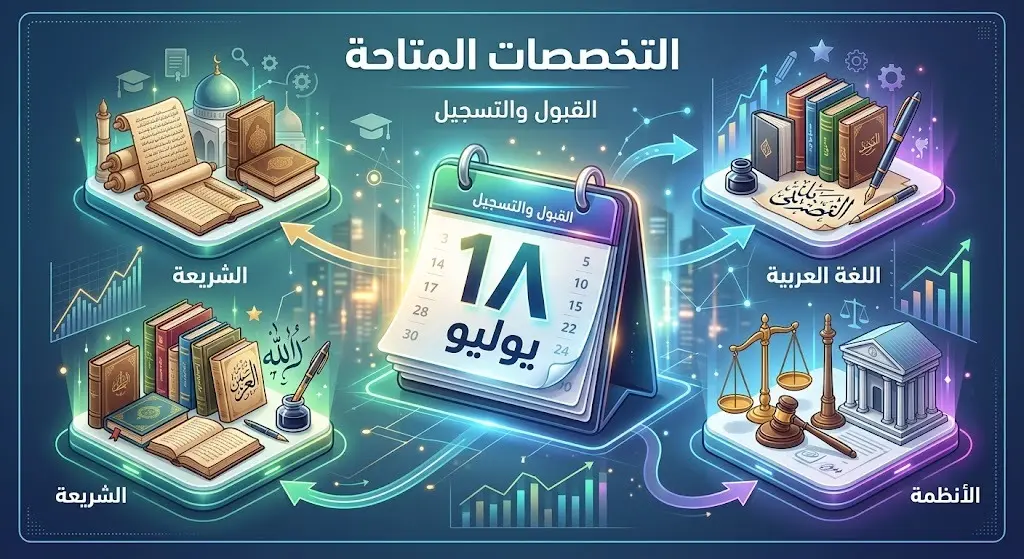 تصميم إنفوجرافيك يستعرض التخصصات الأكاديمية المتاحة وموعد انتهاء التسجيل في 18 يوليو