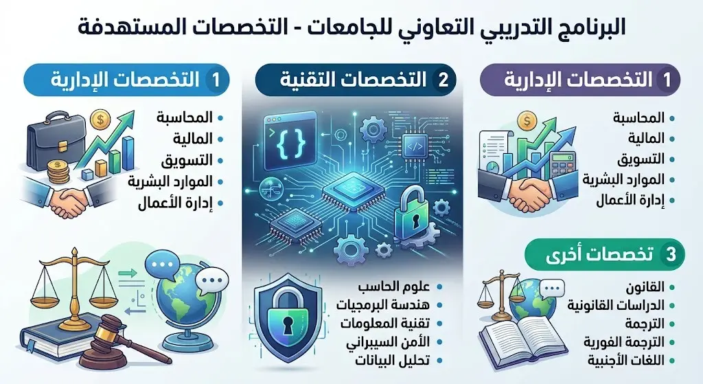 إنفوجرافيك يوضح التخصصات المستهدفة في برنامج التدريب التعاوني مقسمة إلى مجالات إدارية وتقنية وأخرى قانونية ولغوية.