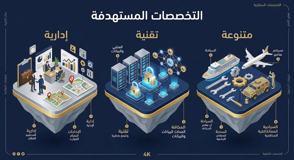 إنفوجرافيك ثلاثي الأبعاد يستعرض التخصصات الإدارية والتقنية والمتنوعة المستهدفة للقبول في المباحث العامة.