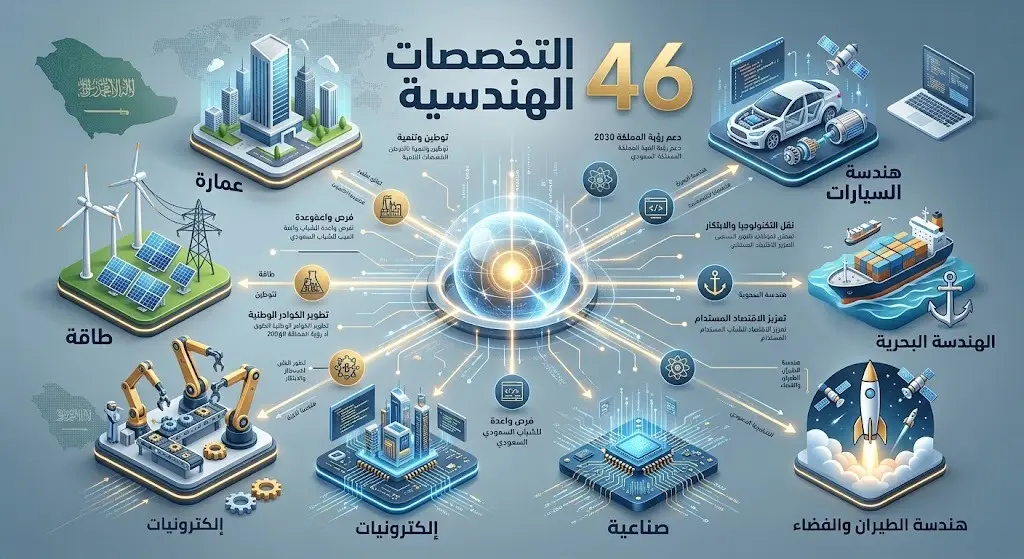 إنفوجرافيك يستعرض التخصصات الهندسية المشمولة بقرار التوطين كالعمارة والطاقة والإلكترونيات، مع إبراز الرقم 46.