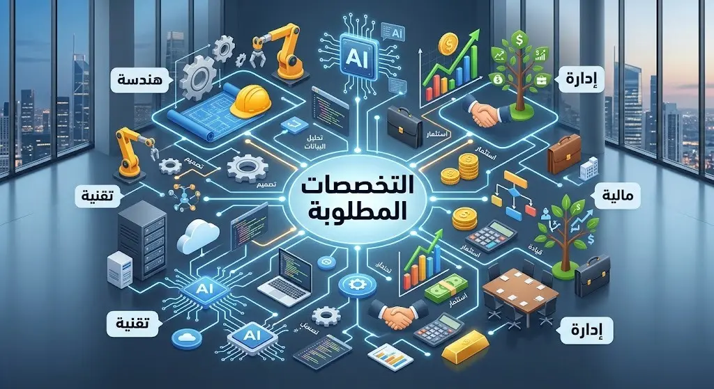 تصميم فني يوضح التخصصات الأكاديمية المطلوبة في أتمال والتي تجمع بين المجالات التقنية والهندسية والمالية والإدارية.