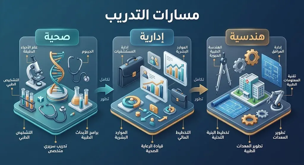 إنفوجرافيك احترافي يوضح مسارات التخصصات الثلاثة المطلوبة في برنامج تمهير بجامعة القصيم: الصحية، الإدارية، والهندسية.