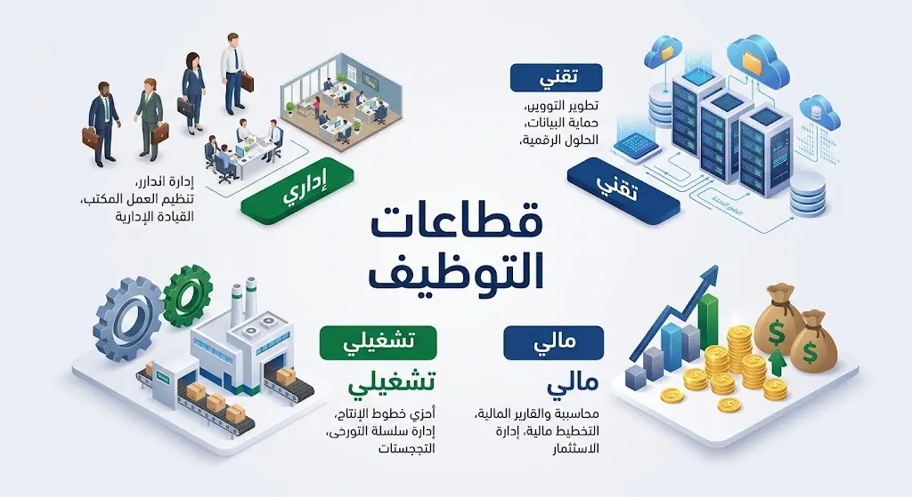إنفوجرافيك يوضح التخصصات والقطاعات الوظيفية الأربعة المطلوبة للتوظيف في شركة المراعي، وهي الإداري والتقني والتشغيلي والمالي.
