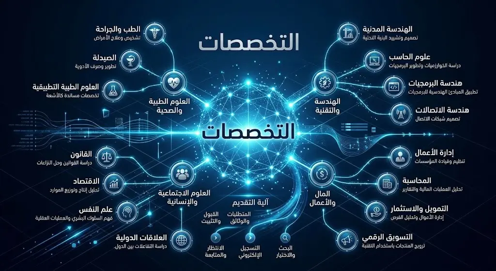تصميم بصري مبتكر يستعرض التخصصات الـ 15 المطلوبة للتدريب في الهيئة العامة للمنافسة، مقسمة بين القطاعات الإدارية والتقنية والقانونية.