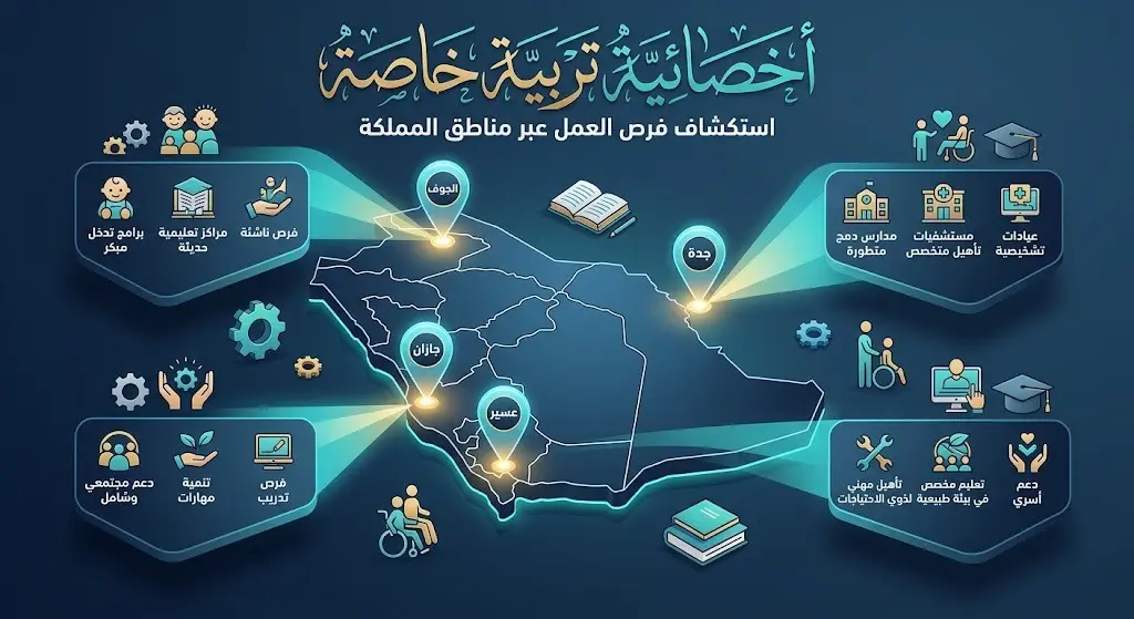 إنفوجرافيك يوضح أماكن العمل لوظائف التربية الخاصة في مناطق الجوف وجدة وجازان وعسير.
