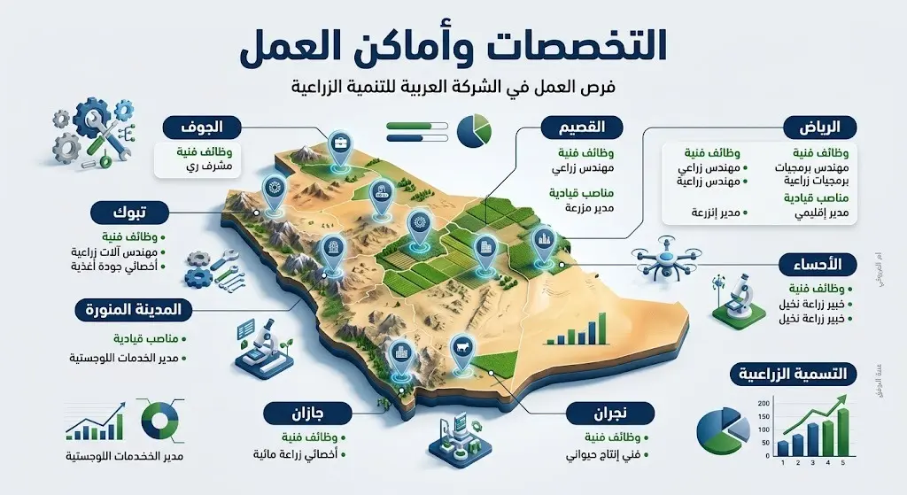 إنفوجرافيك احترافي يستعرض التخصصات المطلوبة وتوزيع وظائف نادك عبر 9 مدن رئيسية في المملكة العربية السعودية.