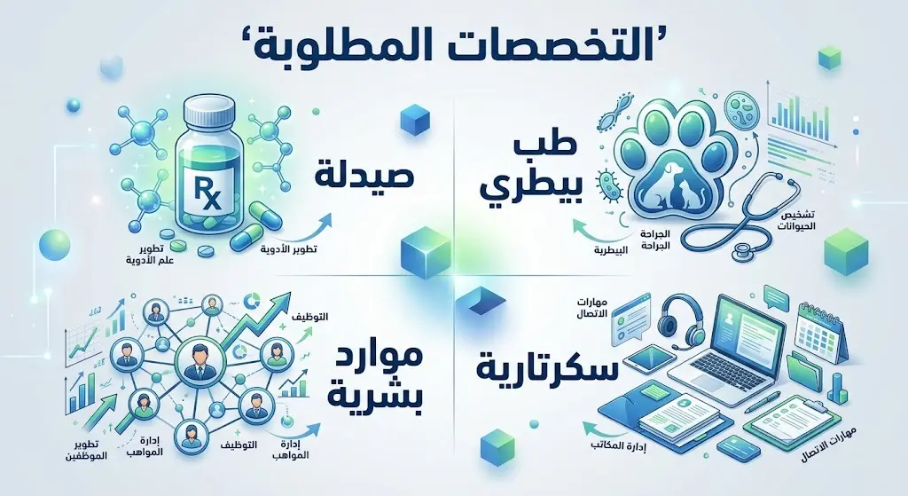 إنفوجرافيك يوضح التخصصات المطلوبة للتدريب في هيئة الغذاء والدواء وتشمل التخصصات الصحية والإدارية.