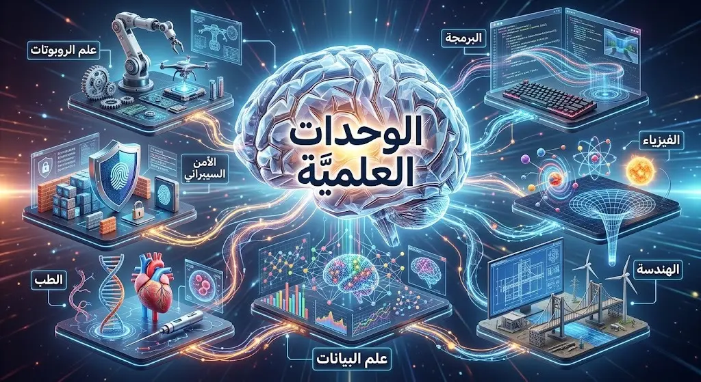 تصميم إبداعي يوضح الوحدات العلمية المتنوعة في برنامج موهبة الإثرائي مثل الروبوت والطب والأمن السيبراني بأسلوب تقني حديث.