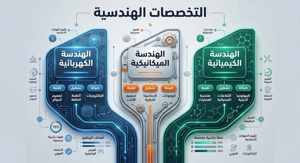 إنفوجرافيك تفصيلي يوضح مسارات الهندسة الكهربائية والميكانيكية والكيميائية وفروعها التقنية المتاحة للتقديم في برنامج التجسير بكلية ينبع الصناعية