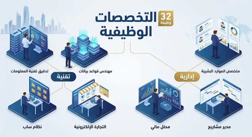 إنفوجرافيك احترافي يعرض التخصصات الوظيفية التقنية والإدارية المتاحة في شركة إمداد الخبرات