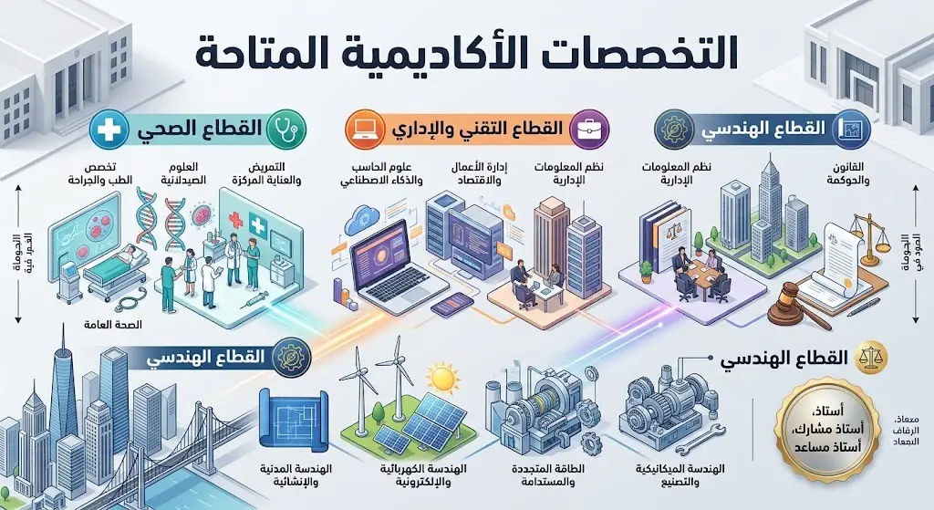 إنفوجرافيك يستعرض التخصصات والرتب الأكاديمية المتاحة موزعة على القطاعات الصحية والتقنية والهندسية.