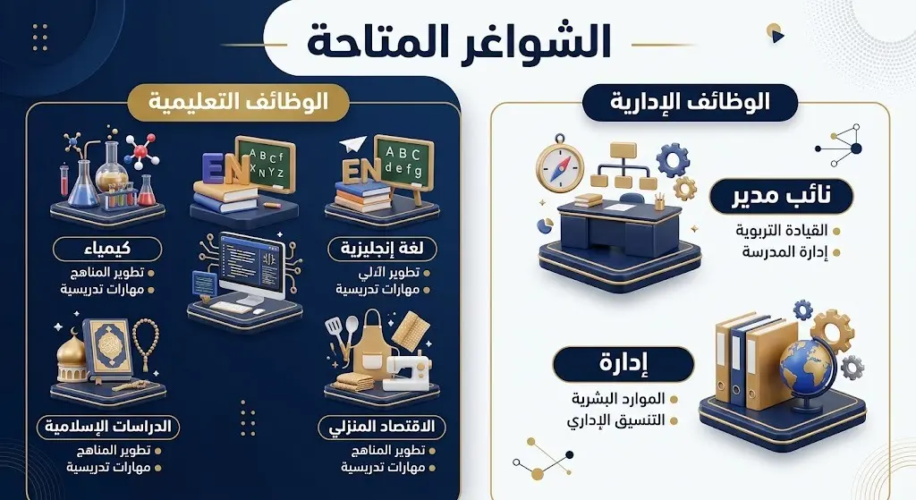 إنفوجرافيك يوضح التخصصات التعليمية والإدارية المطلوبة في مدارس رواد الجامعة، وتشمل الكيمياء والحاسب الآلي واللغة الإنجليزية وغيرها، بالإضافة إلى وظيفة وكيلة.
