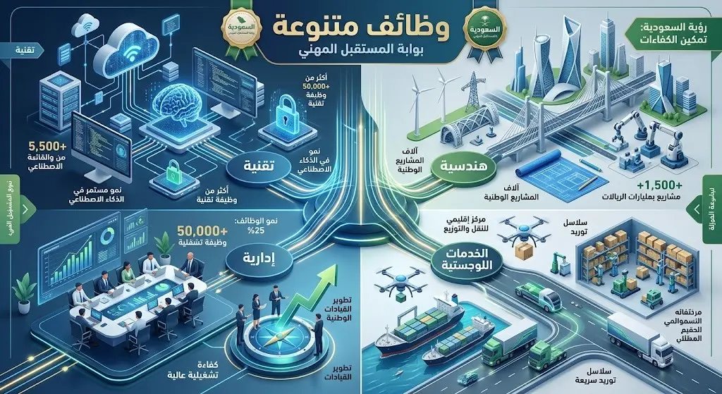 إنفوجرافيك يوضح التخصصات والشواغر المتاحة في شركة المراعي، متضمناً المجالات الإدارية والتقنية والهندسية واللوجستية.