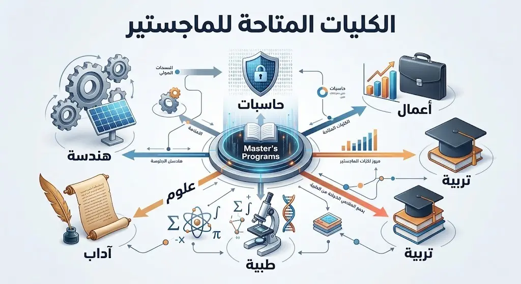 إنفوجرافيك يستعرض الكليات والتخصصات المتاحة لبرامج الماجستير في جامعة بيشة