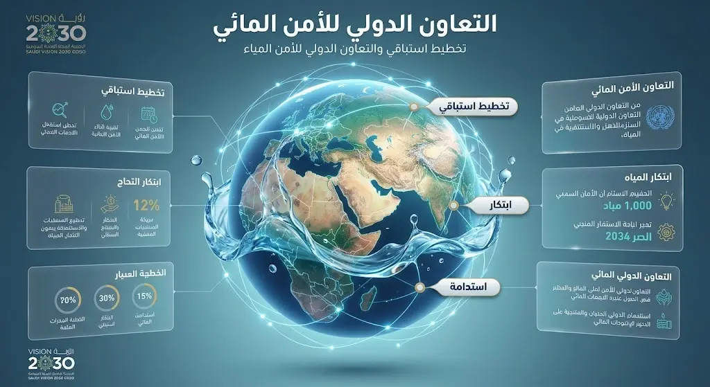 تصميم إنفوجرافيك إبداعي يظهر الكرة الأرضية متصلة بخطوط شبكية وأمواج مياه نقية، مع نصوص عربية تبرز أهمية التعاون الدولي والتخطيط الاستباقي لضمان استدامة المياه.