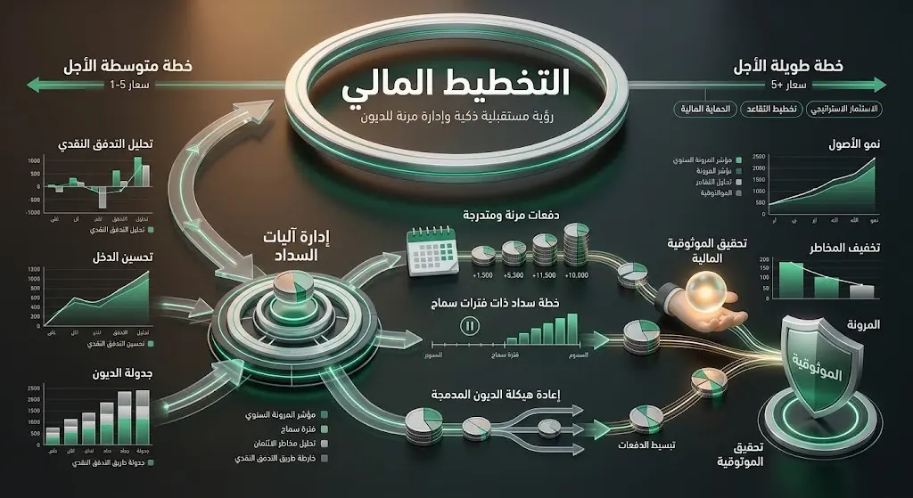 تصميم بصري يبرز آليات التخطيط المالي المتقدمة وجدولة السداد والتقسيط ضمن نظام الإيرادات الجديد