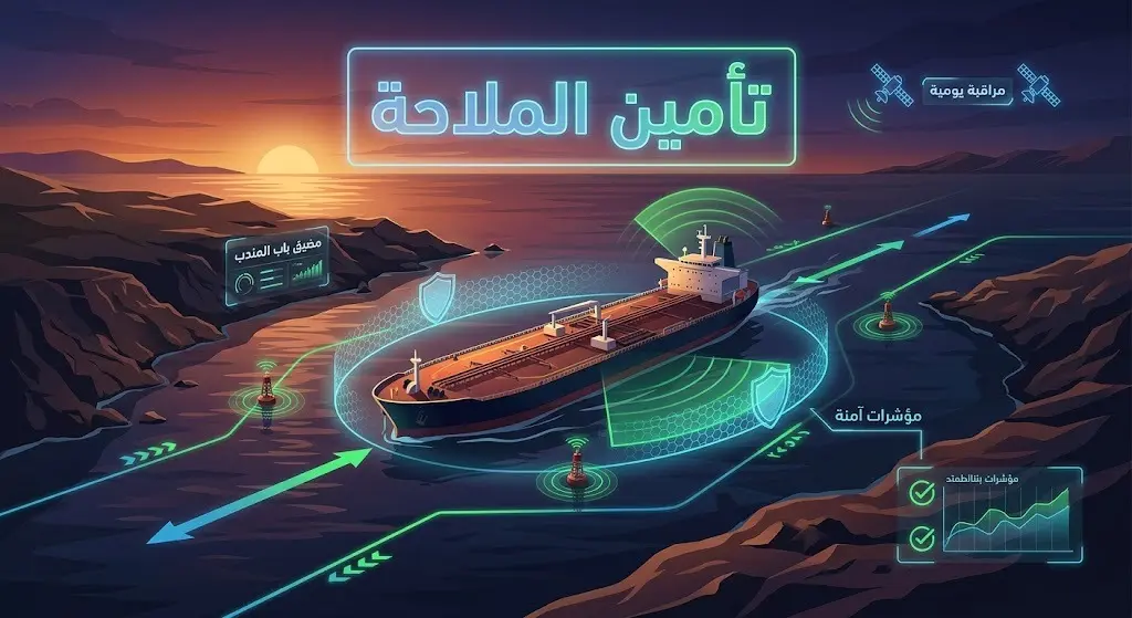 تصميم فني يدمج بين ناقلة نفط تعبر مضيق باب المندب وشاشات رادار رقمية ترمز إلى المراقبة الأمنية اليومية والتدابير الاحترازية.