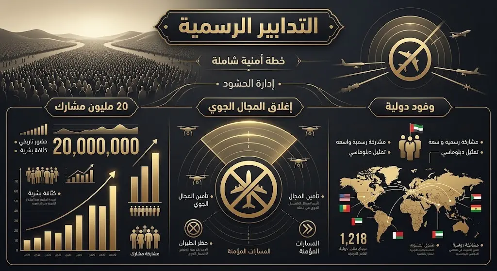 إنفوجرافيك يبرز حجم المشاركة المتوقعة في التشييع بنحو 20 مليون شخص، وتفاصيل التدابير الأمنية كإغلاق المجال الجوي واستقبال الوفود الدولية.