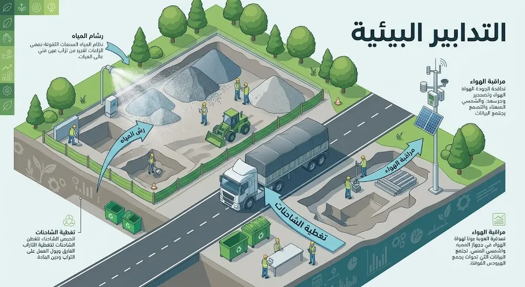 رسم توضيحي ثلاثي الأبعاد للتدابير البيئية المعتمدة في المشاريع الإنشائية للسيطرة على انبعاثات الغبار والأتربة.