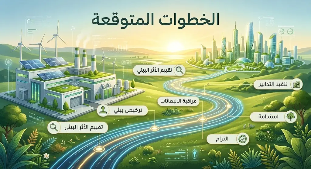 تصميم تعبيري يوضح مساراً مضيئاً يربط بين المنشآت الاقتصادية ومستهدفات التنمية المستدامة بخطوات إجرائية واضحة.