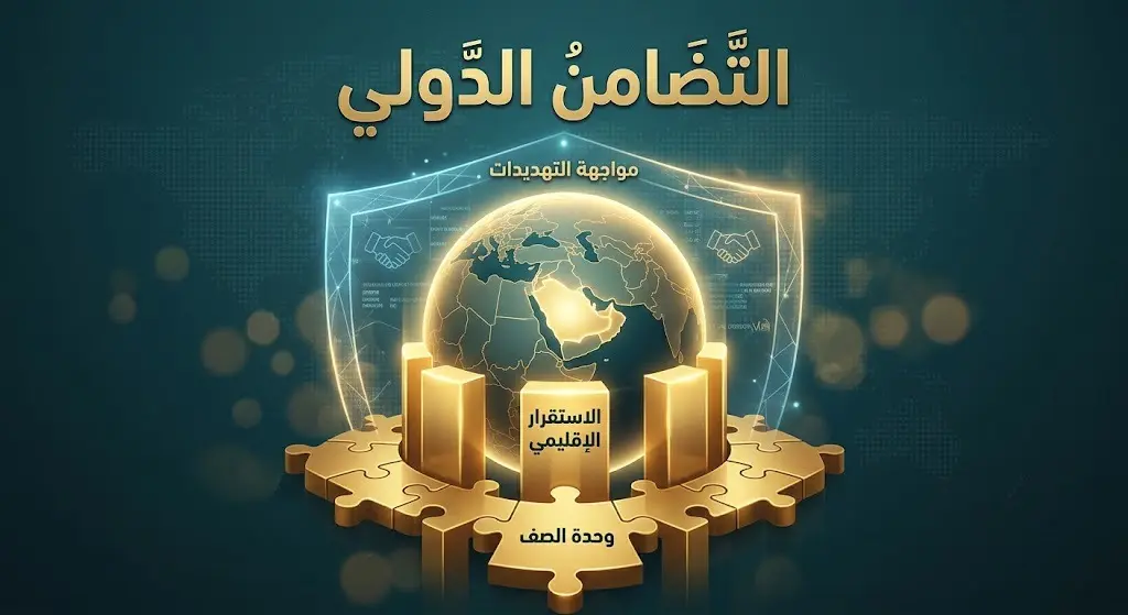 رسم تعبيري يظهر أعمدة ذهبية مضيئة تدعم مجسماً للكرة الأرضية كرمز للاستقرار الإقليمي والتضامن الدولي في مواجهة الأزمات.