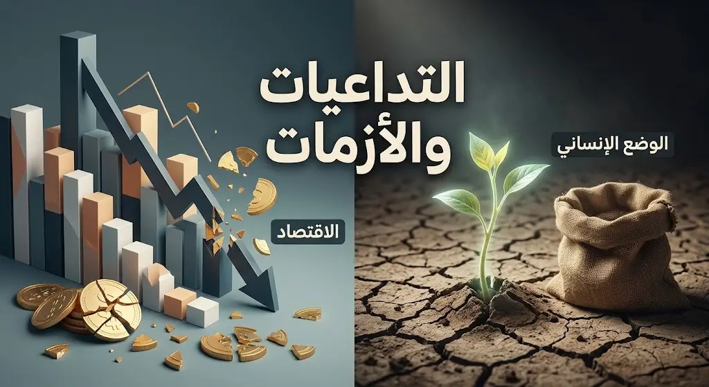 تصميم إنفوجرافيك تعبيري يدمج بين المؤشرات الاقتصادية المتراجعة والرموز التي تعكس عمق الأزمة الإنسانية.