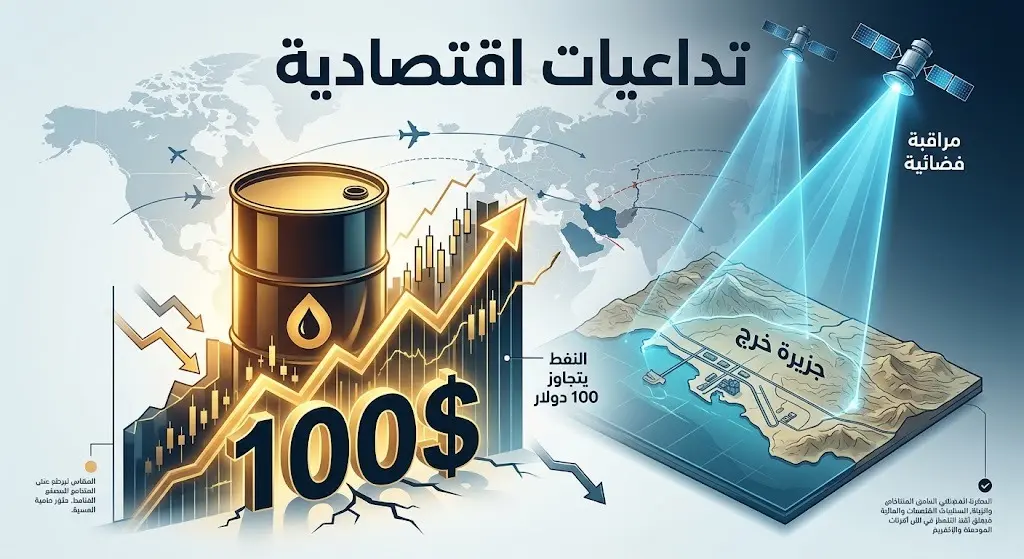 تصميم بصري يبرز ارتفاع أسعار النفط العالمية وتجاوزها حاجز 100 دولار للبرميل وسط التوترات، مع إشارة للمراقبة الفضائية.