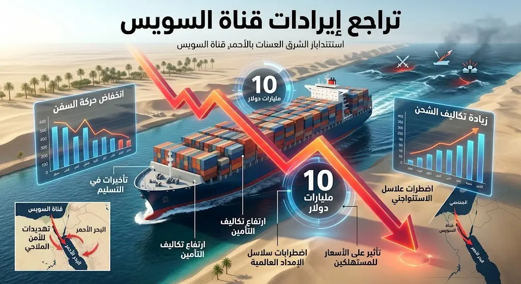 إنفوجرافيك بياني يوضح تراجع إيرادات قناة السويس بقيمة 10 مليارات دولار وتأثر سلاسل الإمداد