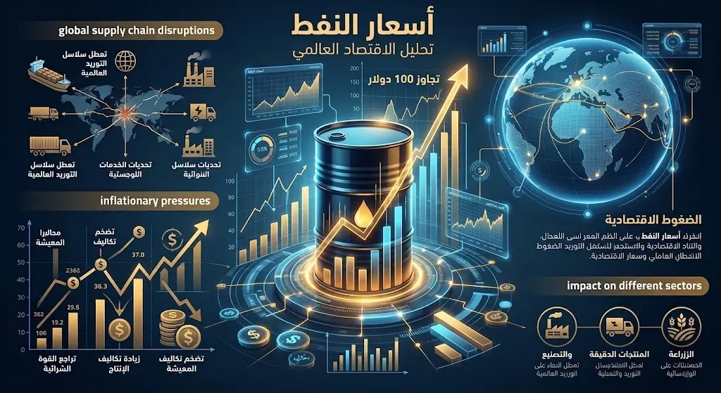تصميم إنفوجرافيك يوضح تجاوز أسعار النفط حاجز 100 دولار وتأثيره المباشر على الاقتصاد العالمي وتكاليف الشحن.