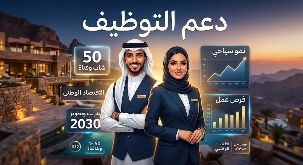 تصميم تعبيري يدمج الرسوم البيانية مع شباب سعوديين يعملون في قطاع السياحة لتمثيل النمو الاقتصادي والتوظيف.