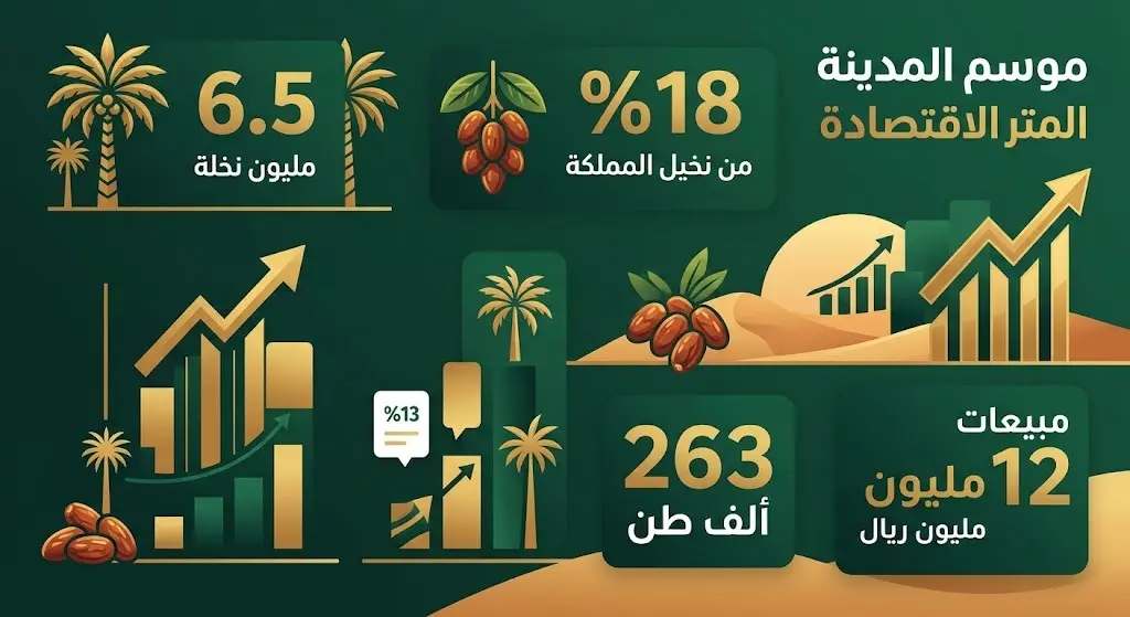 إنفوجرافيك يستعرض الأثر الاقتصادي لموسم تمور المدينة المنورة، متضمناً إحصائيات عن عدد النخيل، حجم الإنتاج، والمبيعات القياسية