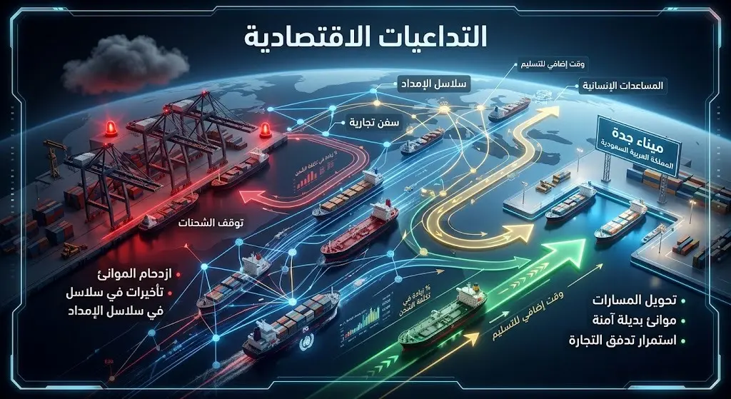 تصميم معلوماتي يبرز تأثير التوترات على حركة السفن التجارية وسلاسل الإمداد العالمية والإقليمية