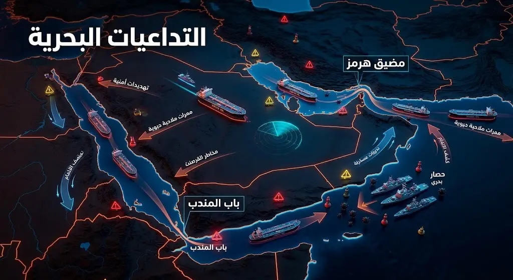 خريطة إنفوجرافيك ثلاثية الأبعاد توضح التداعيات البحرية وإغلاق مضيقي هرمز وباب المندب وتأثيرها على الملاحة.