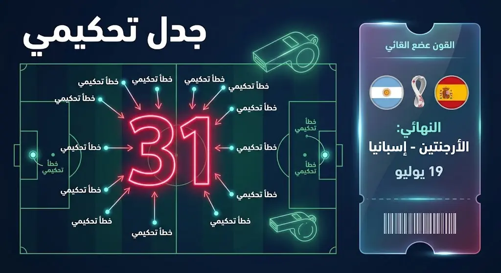 إنفوجرافيك رياضي احترافي يستعرض إحصائية الأخطاء التحكيمية الجدلية التي بلغت 31 خطأً، ويوضح تفاصيل المباراة النهائية المرتقبة بين الأرجنتين وإسبانيا يوم 19 يوليو.