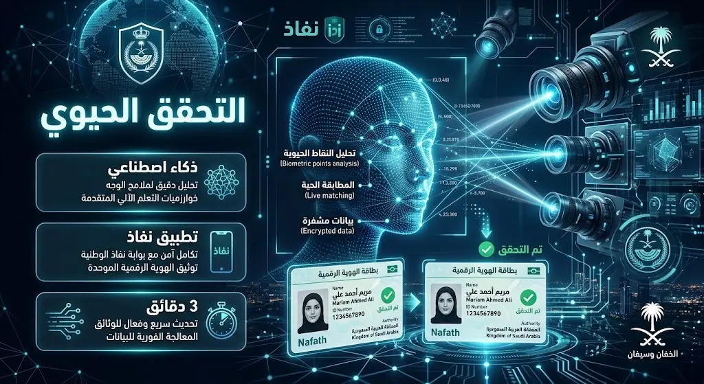 تصميم فني يستعرض التقنيات الحيوية والذكاء الاصطناعي المستخدمة في مطابقة صورة المقيم تقنياً.