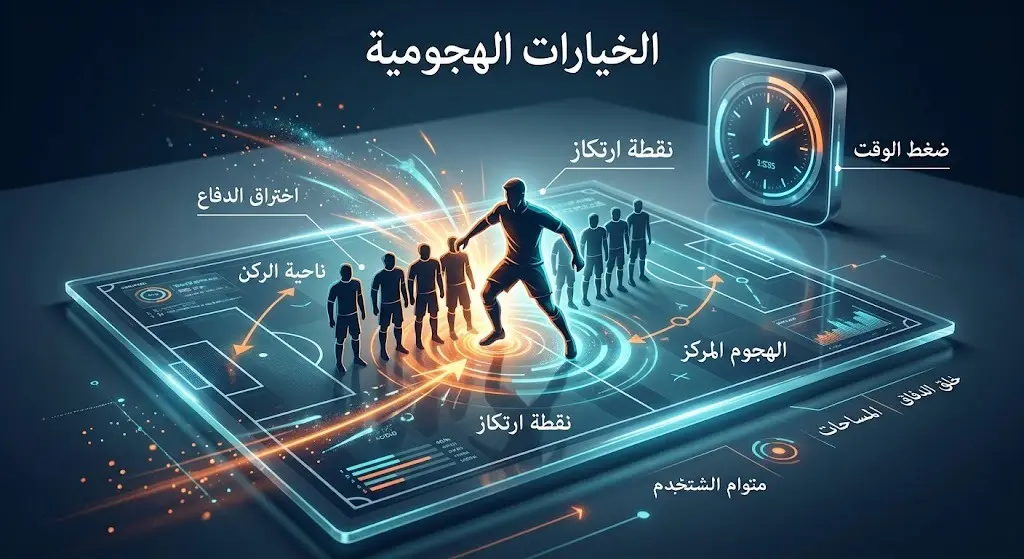 لوحة تكتيكية تعرض الخيارات الهجومية لفرنسا، مبرزة دور المهاجم كـ 'نقطة ارتكاز' لخلخلة الدفاع مع إشارة رمزية لضغط الوقت.