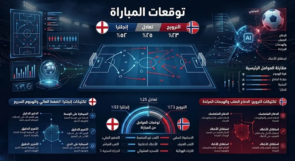 إنفوجرافيك يوضح التوقعات التكتيكية ونسب فوز إنجلترا والنرويج وفقاً للذكاء الاصطناعي