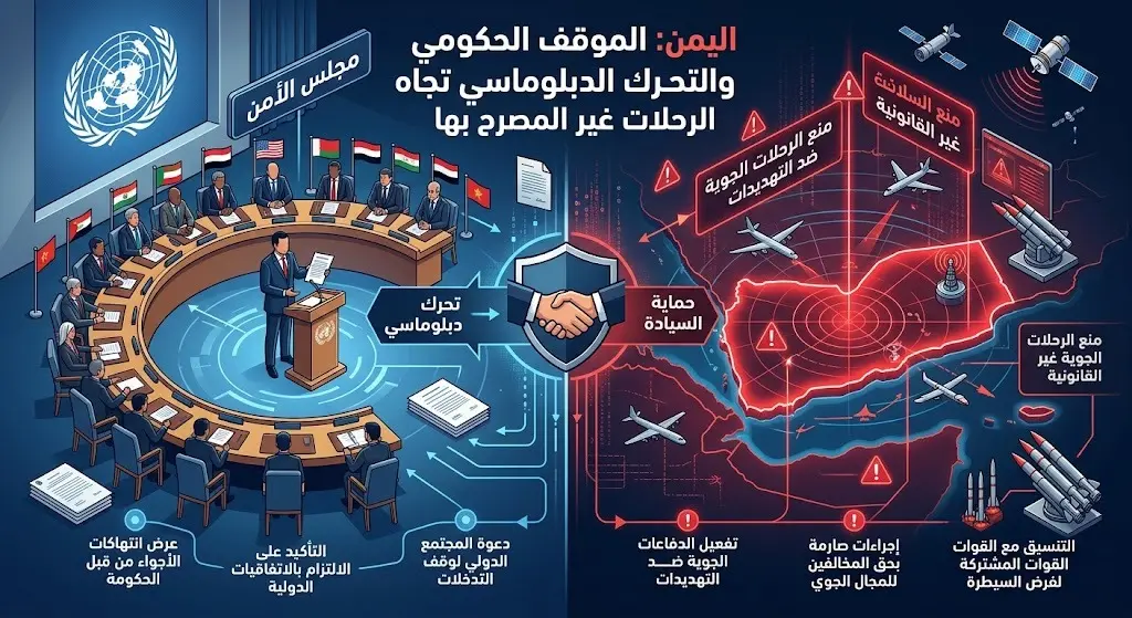 تصميم بصري يبرز التداعيات الدبلوماسية وتحركات الحكومة اليمنية في مجلس الأمن لحماية الأجواء الوطنية.
