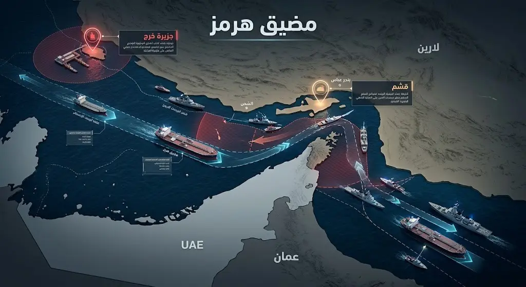 خريطة استراتيجية ثلاثية الأبعاد تبرز مضيق هرمز وجزيرتي خرج وقشم مع مؤشرات لتوقف الملاحة وتواجد السفن التجارية والعسكرية.