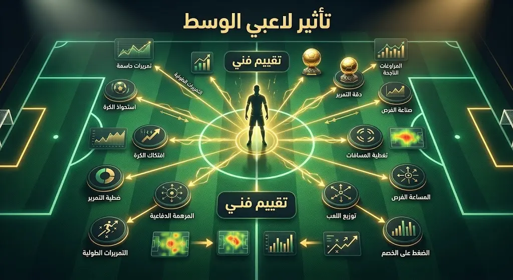 تصميم فني يوضح التطور التكتيكي وتأثير لاعبي الارتكاز على تقييمات الجوائز الفردية في كرة القدم الحديثة.