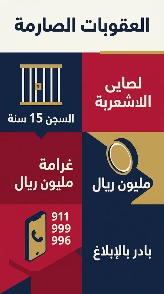 إنفوجرافيك احترافي يوضح العقوبات القانونية لمخالفي أمن الحدود والتي تشمل السجن لمدة 15 سنة وغرامة مليون ريال، مع إبراز أرقام الجهات الأمنية المخصصة للإبلاغ.