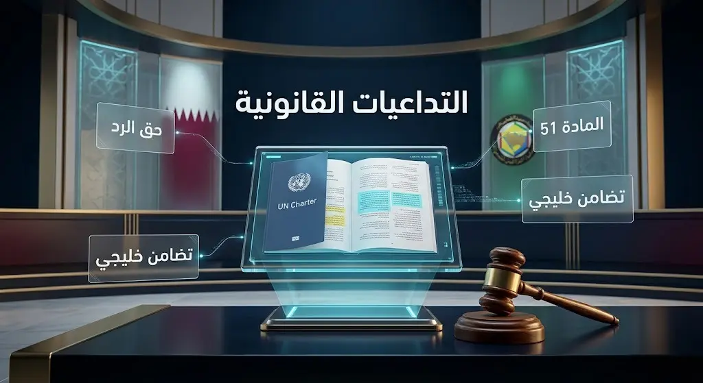 تصميم مفاهيمي يبرز الاستناد للقانون الدولي والمادة 51 من ميثاق الأمم المتحدة